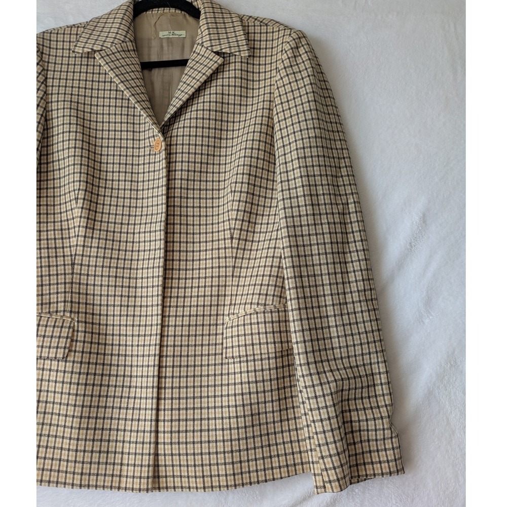 Vintage MK Emkay Plaid Blazer Beige Brown Check Wool Blend Size 46 Made in Italy